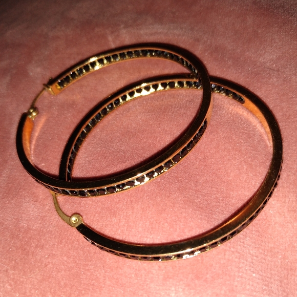 Big Gold and Black Rhinestone Hoop Earrings Sparkle CZ Crystal Channel Hoops - Picture 9 of 11